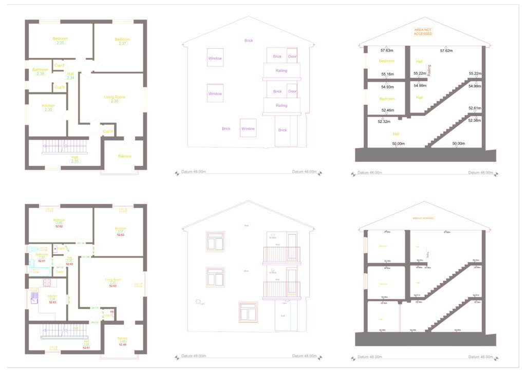 Measured building survey drawings showing floor plans, elevations, and sections of a residential property, produced by 360 Measurements for architectural design and planning.