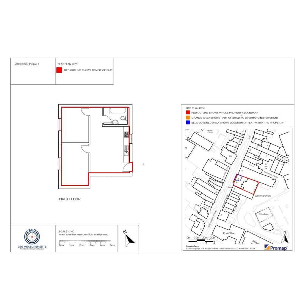 Lease plan showing first floor flat layout and site plan for residential property in London prepared by measured building survey