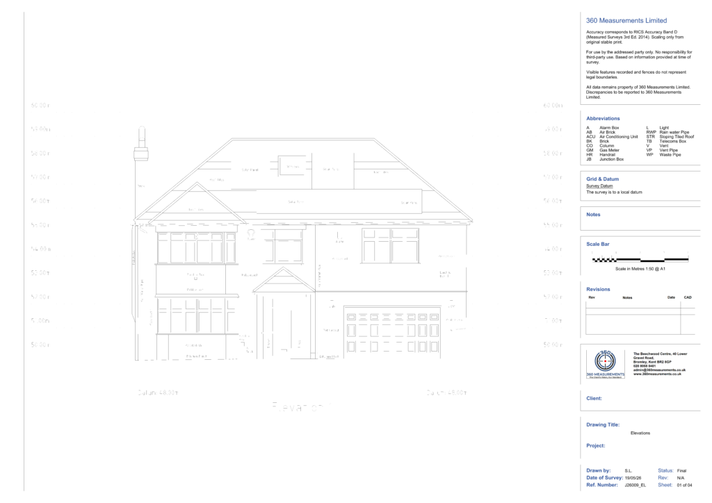 Front elevation drawing of 1930s detached house, Orpington BR6 — measured building survey by 360 Measurements