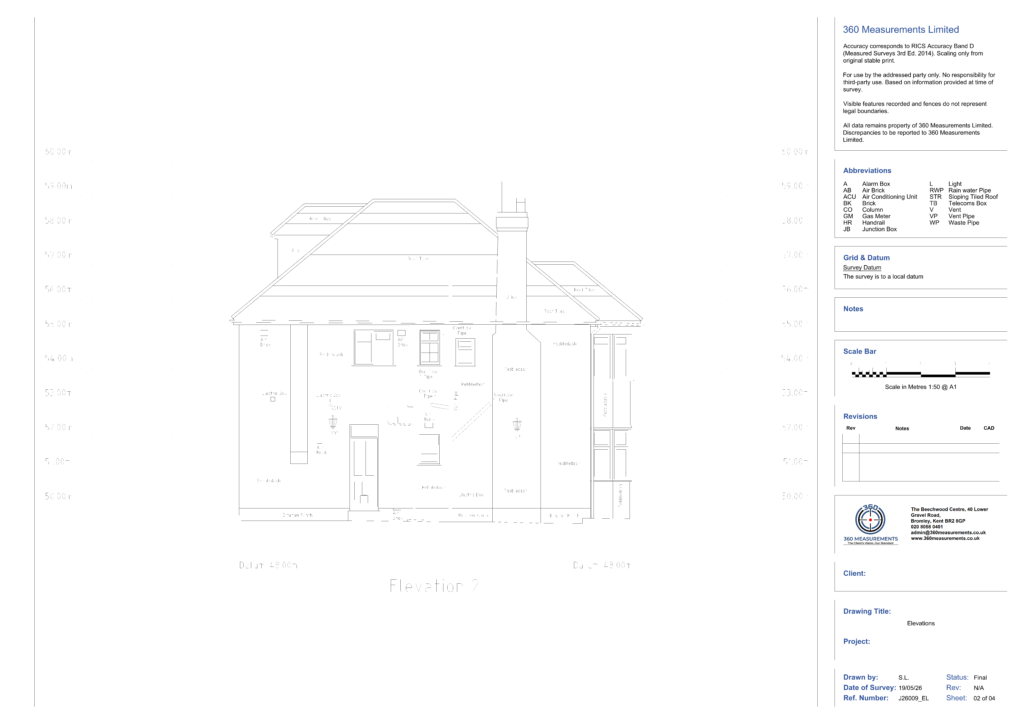 Side elevation drawing of detached house, Orpington BR6 — measured building survey by 360 Measurements