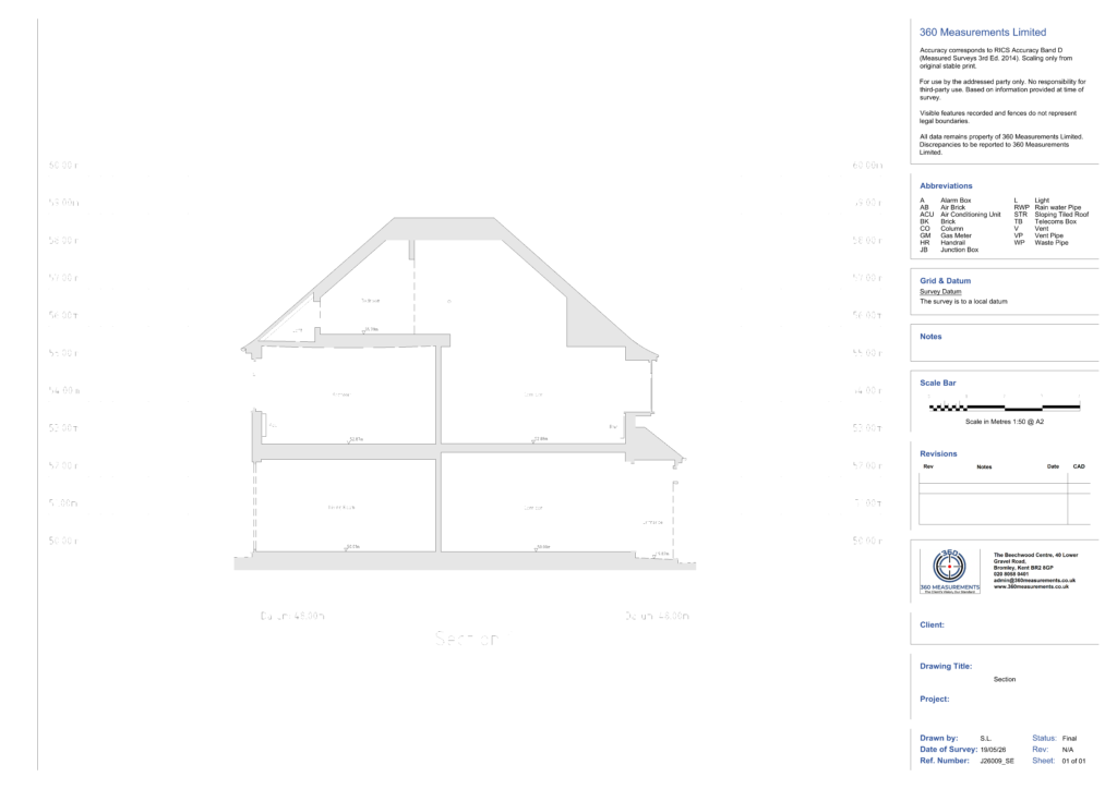 Building section drawing showing three floor levels, Orpington BR6 — measured building survey by 360 Measurements