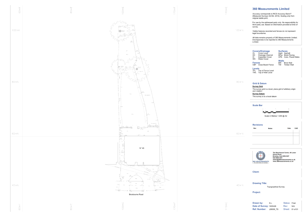 Topographical survey drawing of detached property and rear garden, Orpington BR6 — 360 Measurements