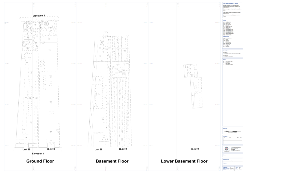 Measured building survey floor plans showing ground floor, basement, and lower ground cellar layouts in Tunbridge Wells.