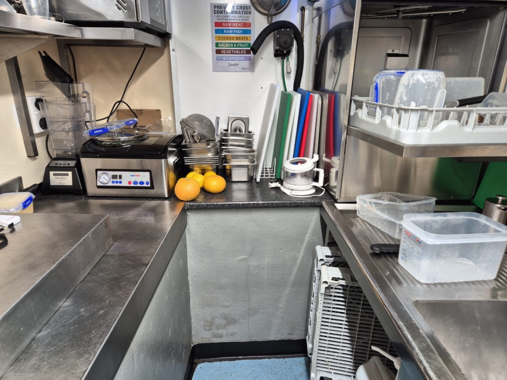 Commercial kitchen prep station measured for building survey drawings