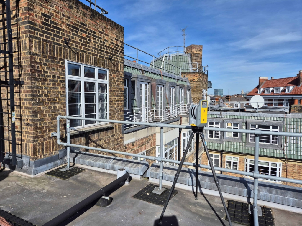 Trimble X7 laser scanner on rooftop terrace during measured building survey London