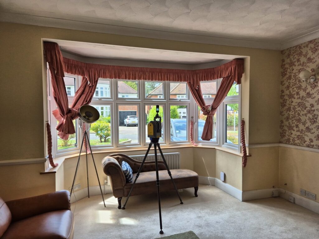 Trimble X7 laser scanner set up in front bay window reception room, Orpington BR6