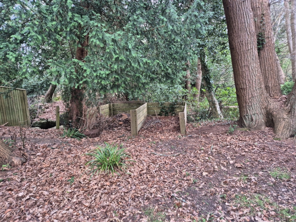 Rear garden compost area and mature trees at Woodland House, Tunbridge Wells TN2 — 360 Measurements