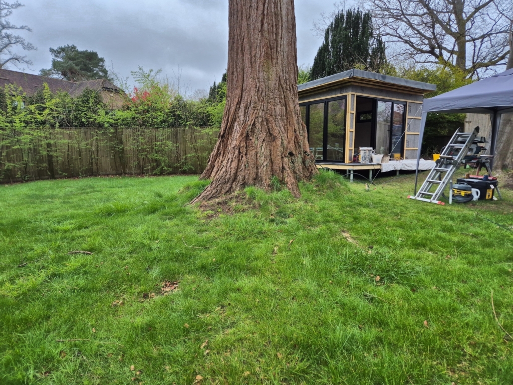 Rear garden with large tree and garden outbuilding under construction, Woodland House, Tunbridge Wells TN2 — 360 Measurements
