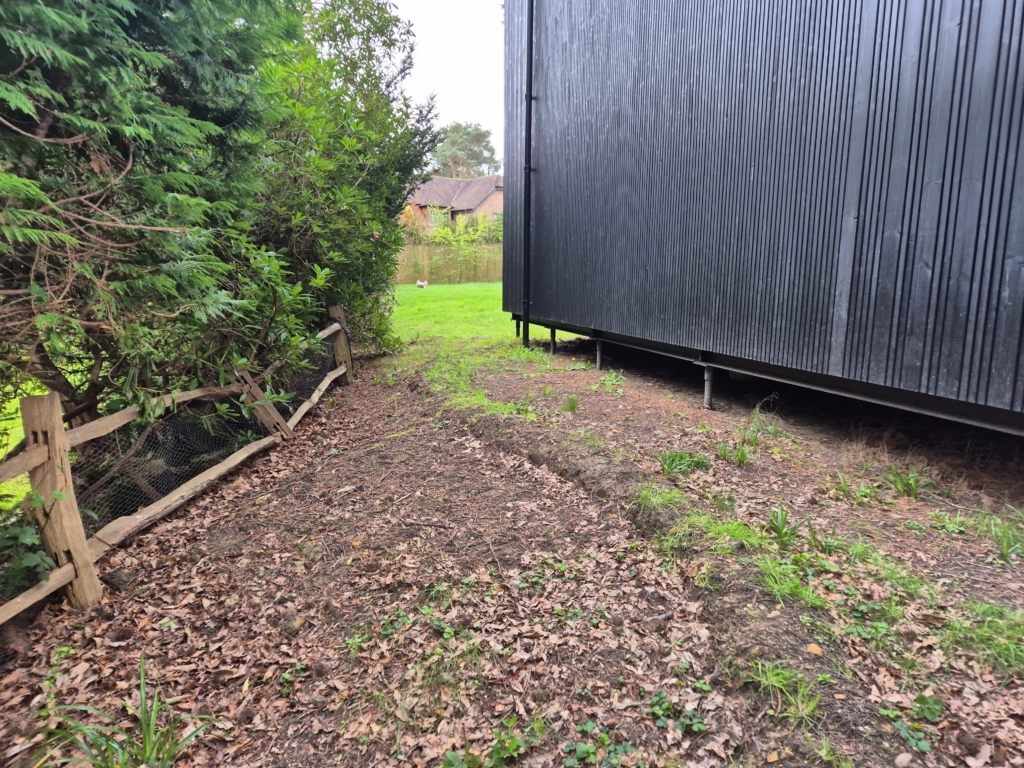 Side boundary and stilts detail at Woodland House, Tunbridge Wells TN2 — topographical survey by 360 Measurements